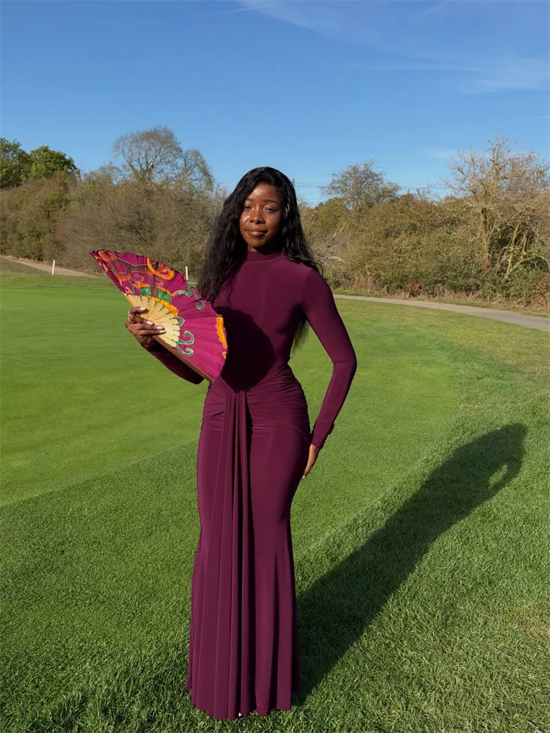 Mozision High Neck Long Sleeve Mermaid Maxi Dress Women Slim Ruched Waist Bodycon Floor Length Evening Party Formal Dress