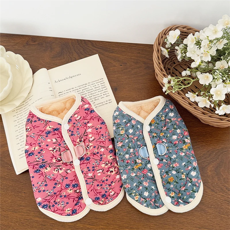 Winter Dog Jacket Floral Print Vest Coat Chihuahua Bichon Warm Clothing Puppy Outdoor Jacket With D-ring Winter Pet Costume