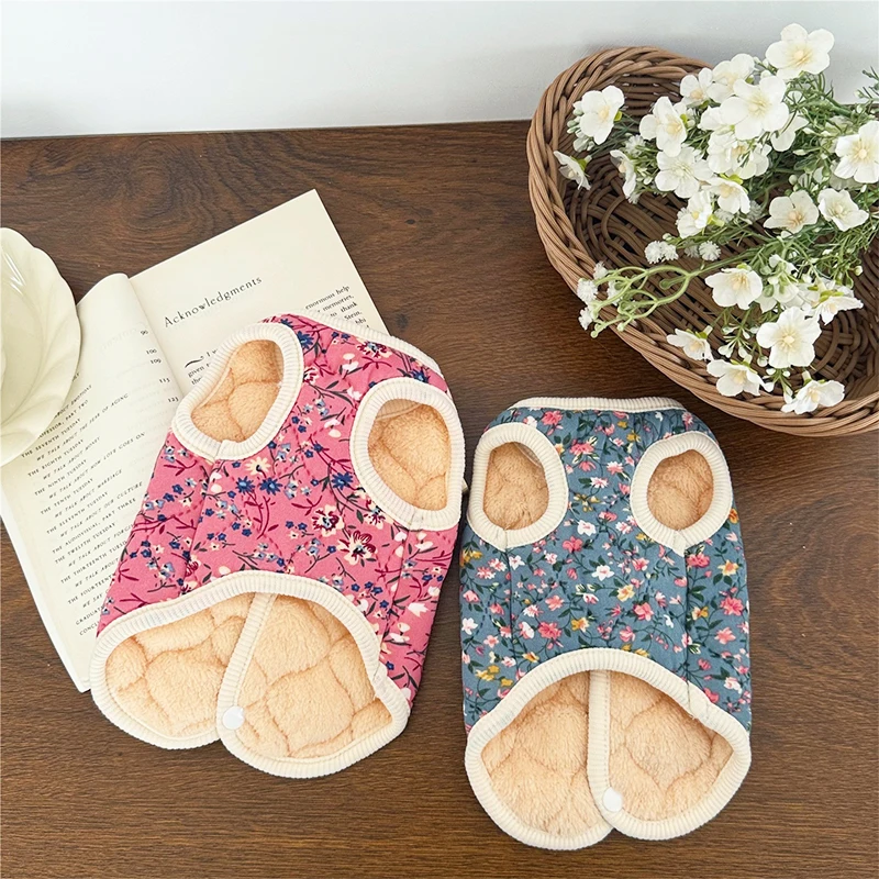 Winter Dog Jacket Floral Print Vest Coat Chihuahua Bichon Warm Clothing Puppy Outdoor Jacket With D-ring Winter Pet Costume
