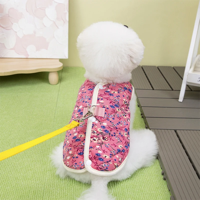 Winter Dog Jacket Floral Print Vest Coat Chihuahua Bichon Warm Clothing Puppy Outdoor Jacket With D-ring Winter Pet Costume