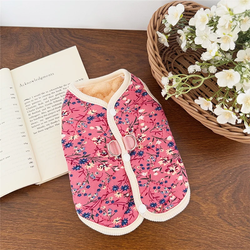 Winter Dog Jacket Floral Print Vest Coat Chihuahua Bichon Warm Clothing Puppy Outdoor Jacket With D-ring Winter Pet Costume