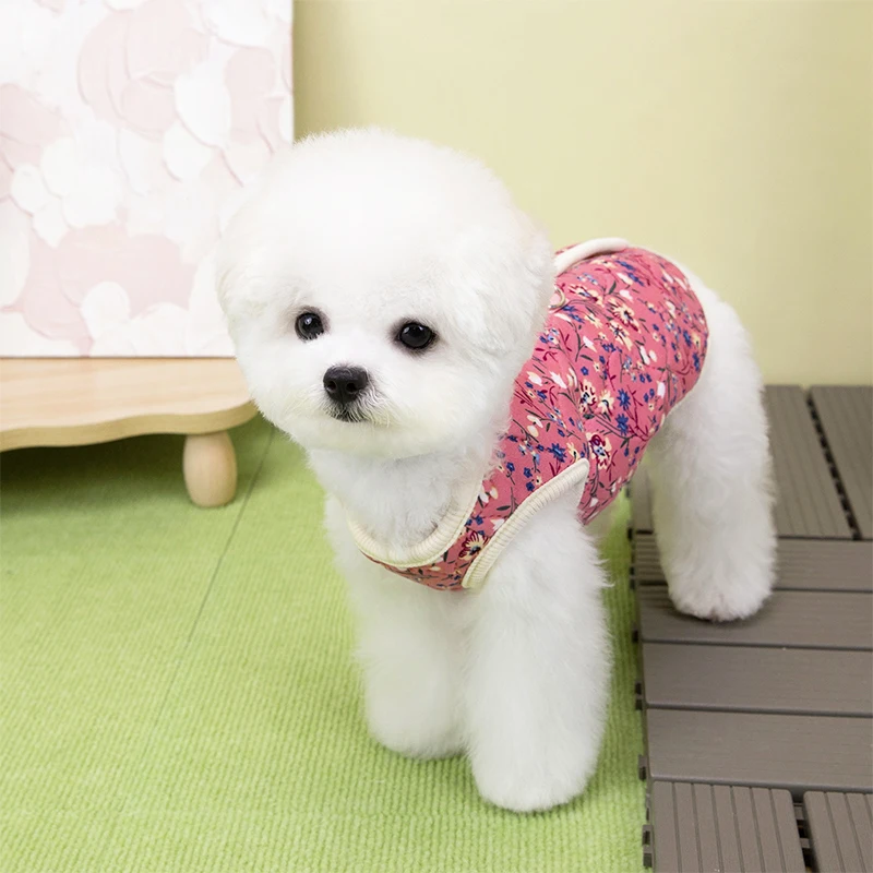 Winter Dog Jacket Floral Print Vest Coat Chihuahua Bichon Warm Clothing Puppy Outdoor Jacket With D-ring Winter Pet Costume