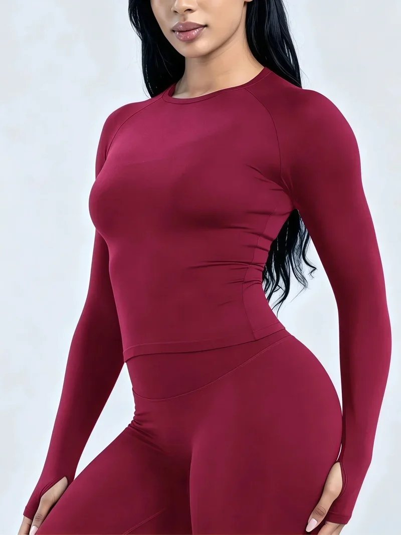 Women Long Sleeve Yoga Top Crew Neck Raglan Thumb Hole Slim Fit Cropped Workout Shirt Seamless Breathable Sports Running Gym Top