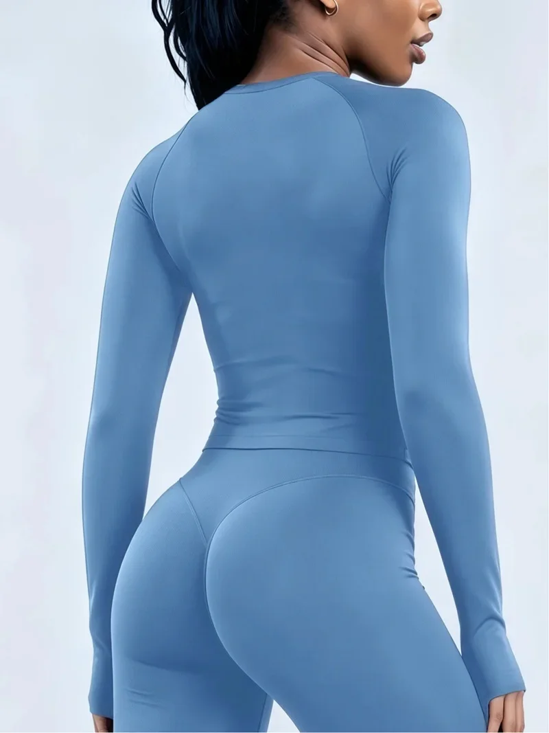 Women Long Sleeve Yoga Top Crew Neck Raglan Thumb Hole Slim Fit Cropped Workout Shirt Seamless Breathable Sports Running Gym Top