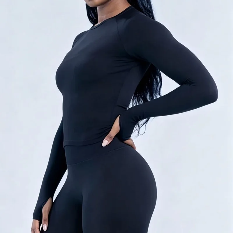 Women Long Sleeve Yoga Top Crew Neck Raglan Thumb Hole Slim Fit Cropped Workout Shirt Seamless Breathable Sports Running Gym Top