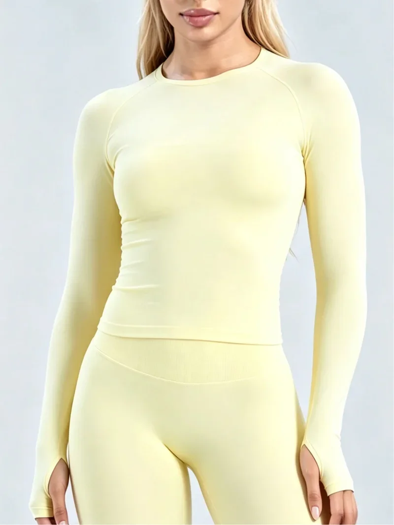 Women Long Sleeve Yoga Top Crew Neck Raglan Thumb Hole Slim Fit Cropped Workout Shirt Seamless Breathable Sports Running Gym Top