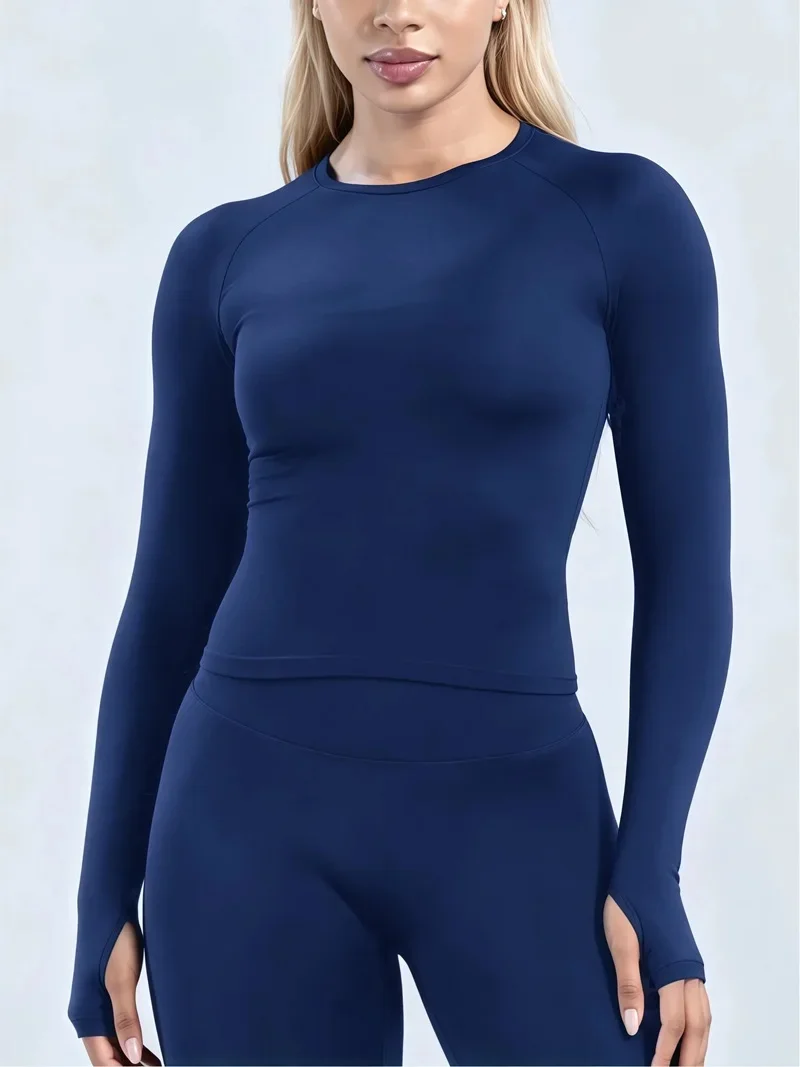 Women Long Sleeve Yoga Top Crew Neck Raglan Thumb Hole Slim Fit Cropped Workout Shirt Seamless Breathable Sports Running Gym Top