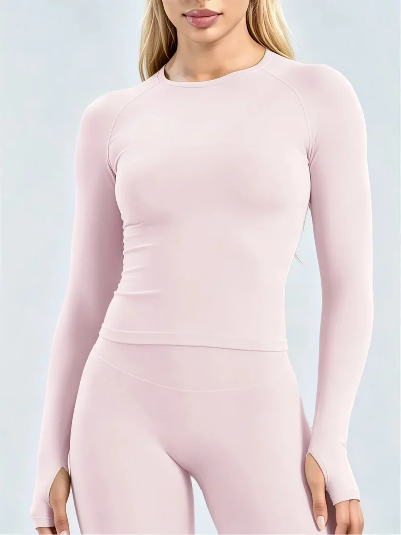 Women Long Sleeve Yoga Top Crew Neck Raglan Thumb Hole Slim Fit Cropped Workout Shirt Seamless Breathable Sports Running Gym Top