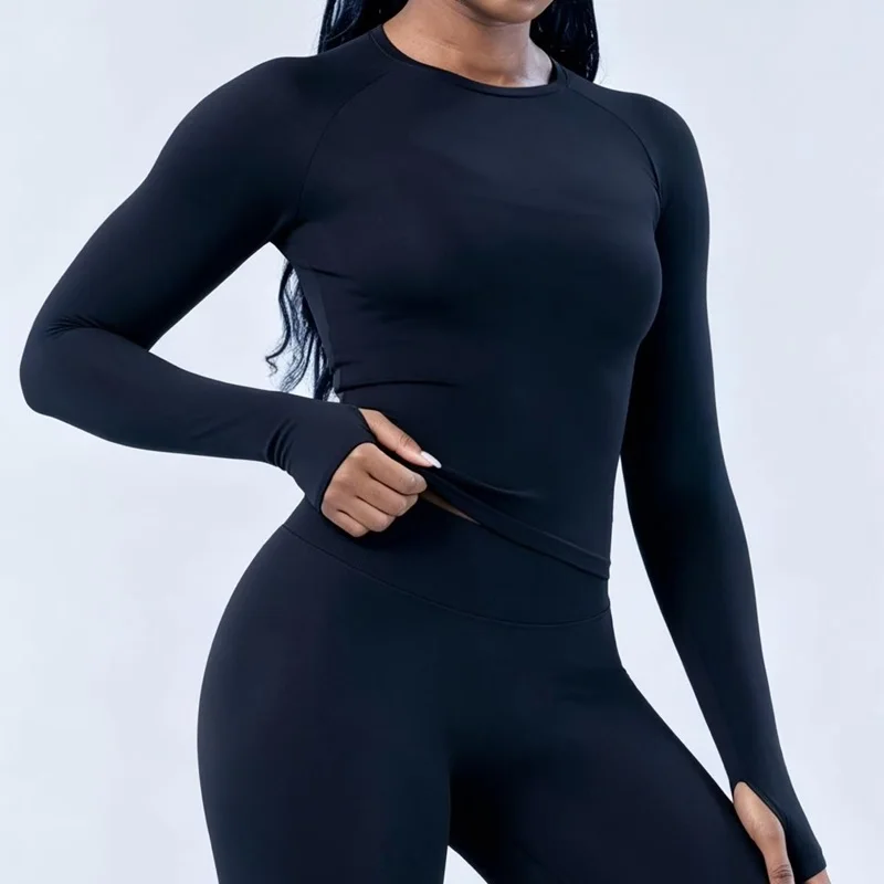 Women Long Sleeve Yoga Top Crew Neck Raglan Thumb Hole Slim Fit Cropped Workout Shirt Seamless Breathable Sports Running Gym Top