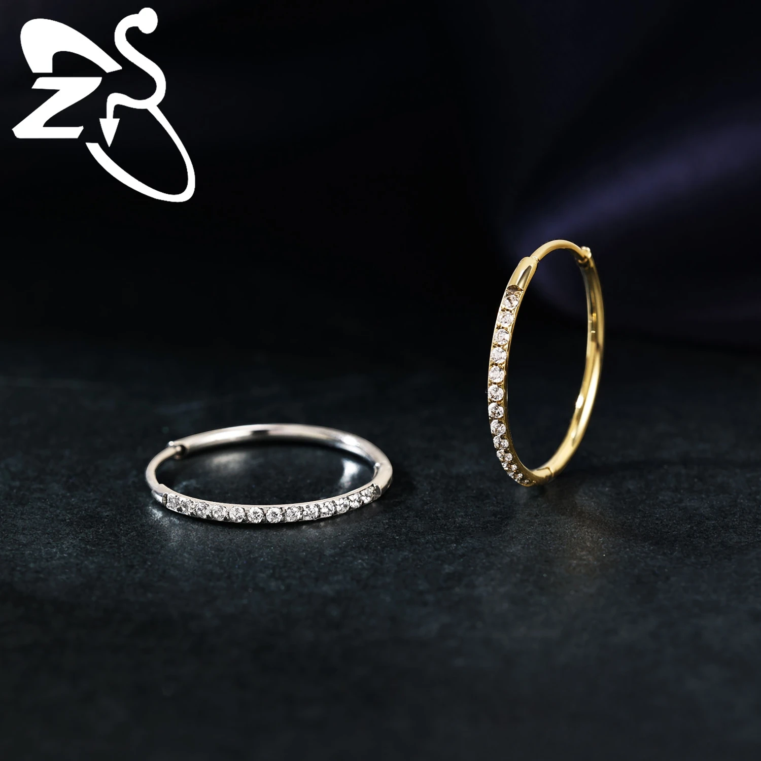 ZS 1 PC 20G Stainless Steel Hoop Earring 6/8/10/12MM Round Stud Earrings CZ Crystal Nose Ring Helix Cartilage Piercings Jewelry