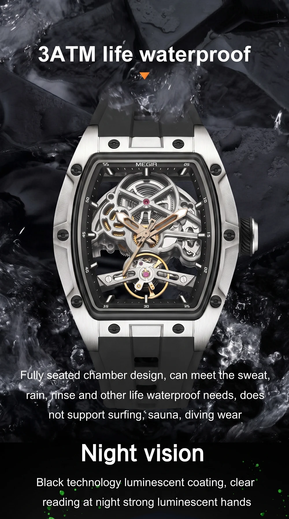 MEGIR Tonneau Skeleton Mechanical Watch Men Sport Wristwatch Silicone Strap Luxury Hollow Dial Male Automatic Mechanical Watches