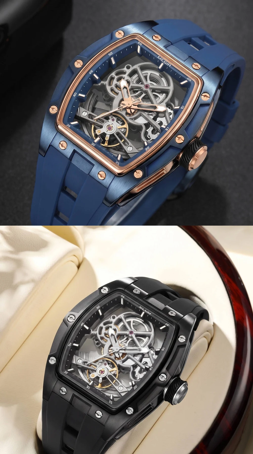 MEGIR Tonneau Skeleton Mechanical Watch Men Sport Wristwatch Silicone Strap Luxury Hollow Dial Male Automatic Mechanical Watches
