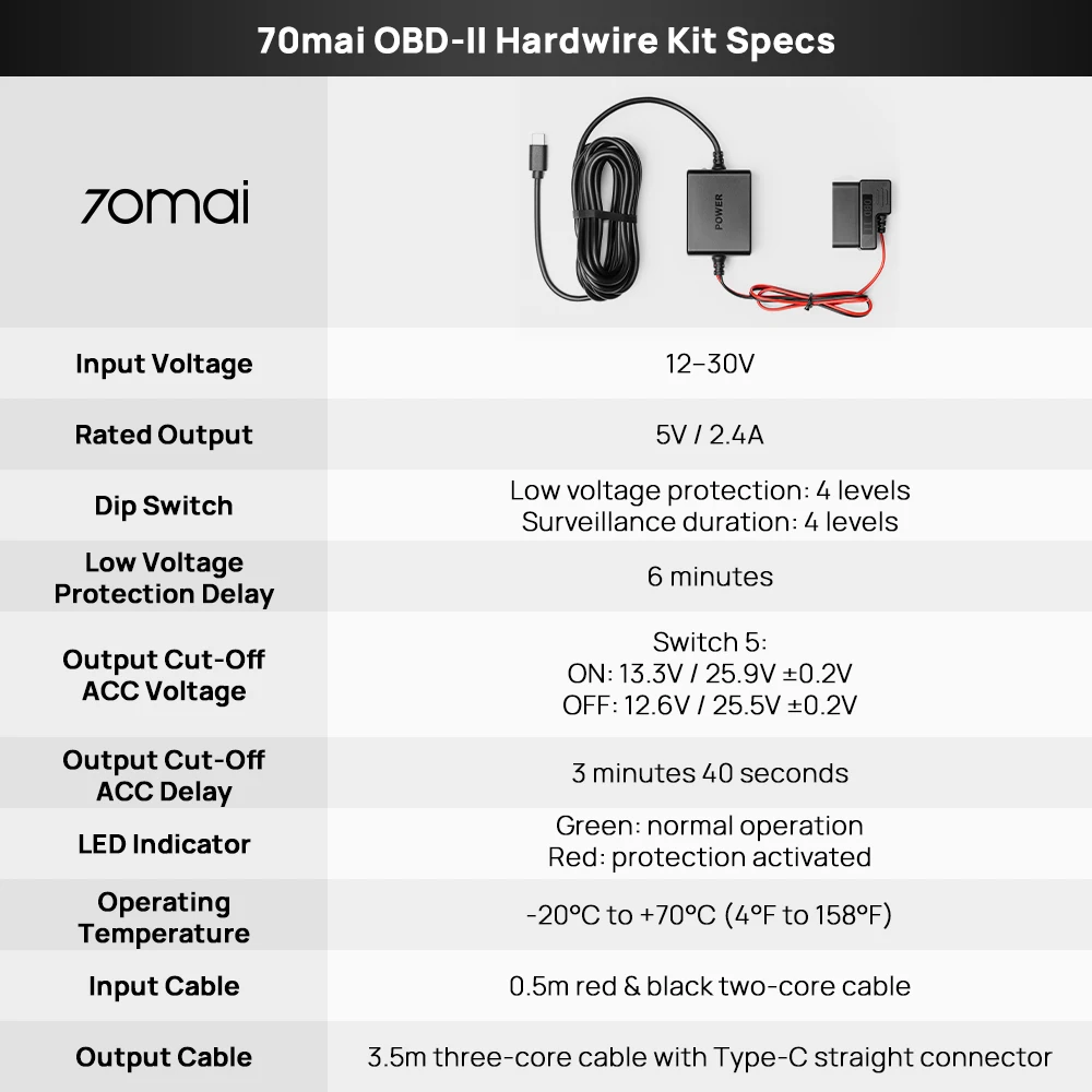 70mai Hardwire Kit OBD-II & Adjustable Hardwire Kit UP06 for Dash Cam Type-C Interface Plug-and-Play 24H Parking Surveillance