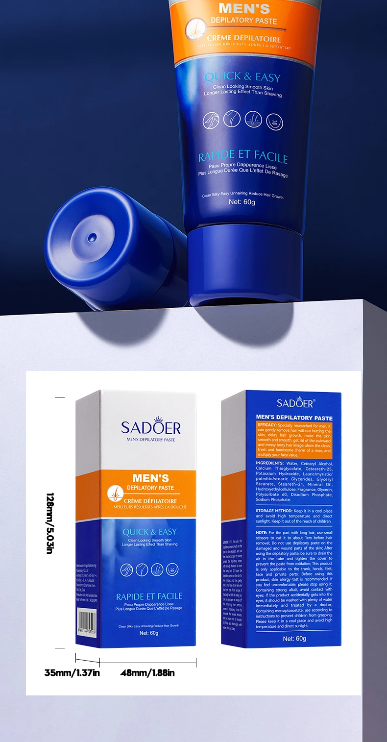 SADOER Men's Painless Hair Removal Cream, A Fast-Acting and Gentle Hair Removal Agent That Moisturizes and Soothes the Skin