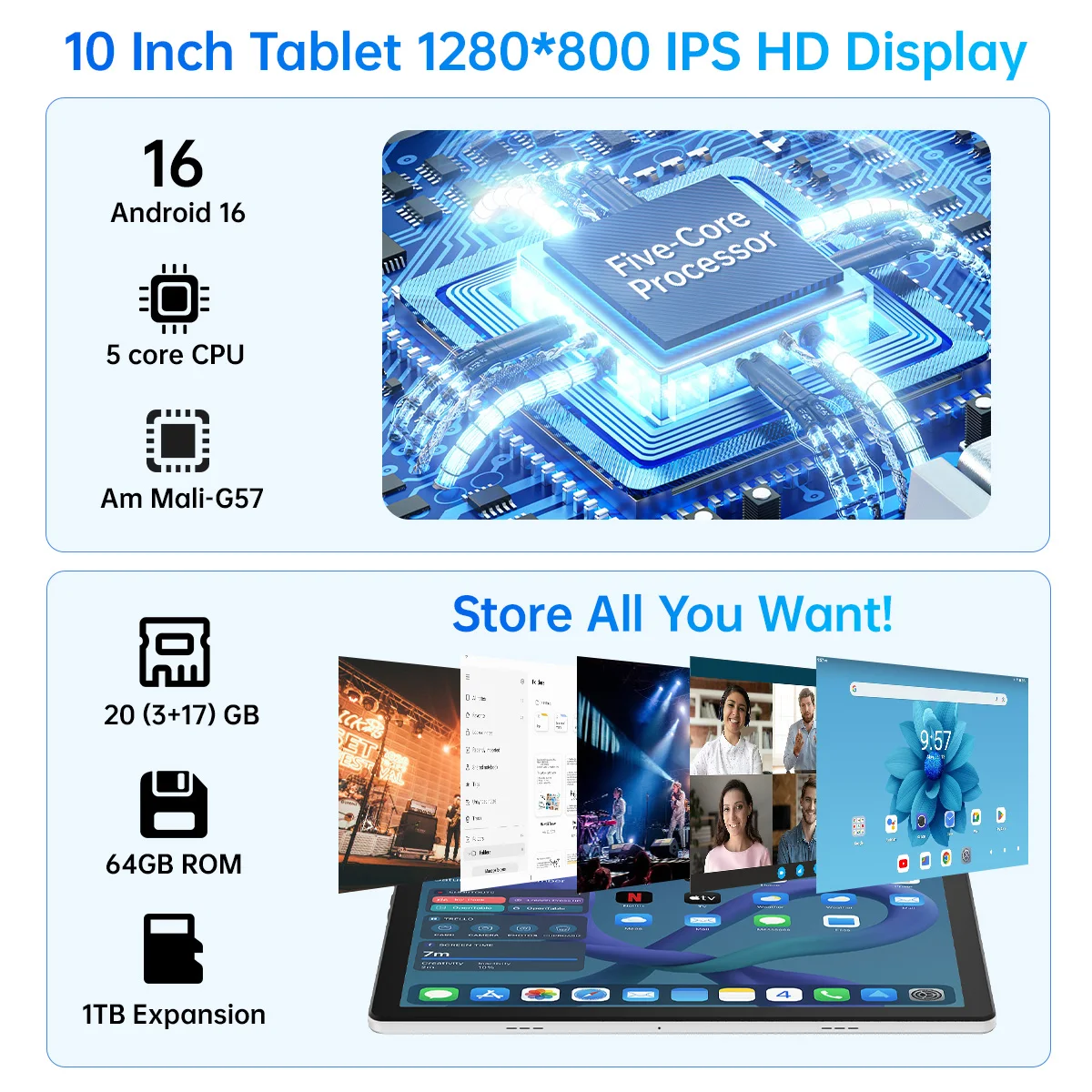 KB1001 Android 16 Tablet 10 Inch IPS HD Display, 20GB RAM (3+17GB Virtual) 64GB ROM, 1TB TF Expandable, A333 5-Core, WiFi6, Face ID Unlock, 6000mAh Battery Tablet for Study & Entertainment