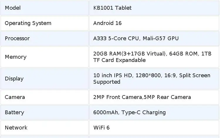 KB1001 Android 16 Tablet 10 Inch IPS HD Display, 20GB RAM (3+17GB Virtual) 64GB ROM, 1TB TF Expandable, A333 5-Core, WiFi6, Face ID Unlock, 6000mAh Battery Tablet for Study & Entertainment