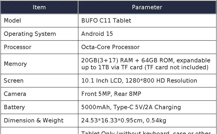 BUFO C11 10.1 Inch Android 15 Tablet PC 20GB(3+17) RAM 64GB ROM Octa Core Processor 1280*800 HD LCD Screen 5000mAh Battery 5MP+8MP Dual Camera Expandable 1TB TF Card Tablet