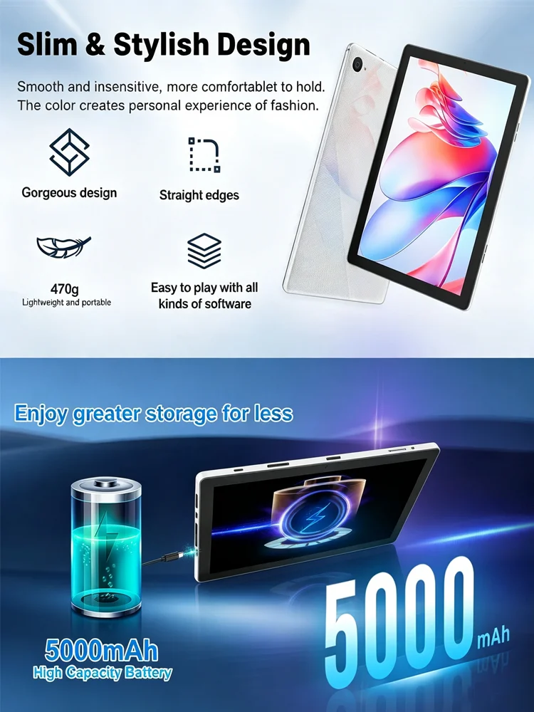 BUFO C11 10.1 Inch Android 15 Tablet PC 20GB(3+17) RAM 64GB ROM Octa Core Processor 1280*800 HD LCD Screen 5000mAh Battery 5MP+8MP Dual Camera Expandable 1TB TF Card Tablet