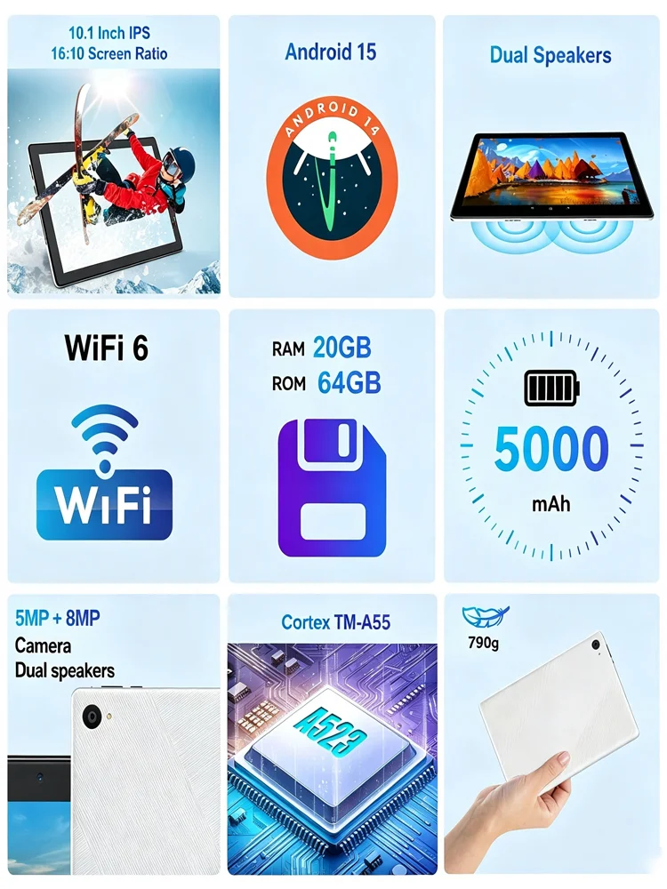 BUFO C11 10.1 Inch Android 15 Tablet PC 20GB(3+17) RAM 64GB ROM Octa Core Processor 1280*800 HD LCD Screen 5000mAh Battery 5MP+8MP Dual Camera Expandable 1TB TF Card Tablet
