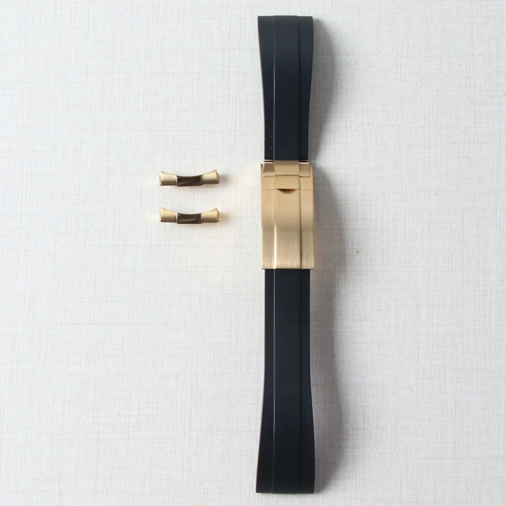 20mm Rubber Watch Band For Yacht-Master Seiko Daytona Submariner Curved End Strap With Endlink Buckle Black Silicone Bracelet