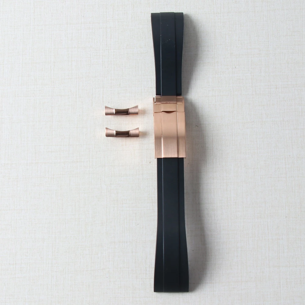 20mm Rubber Watch Band For Yacht-Master Seiko Daytona Submariner Curved End Strap With Endlink Buckle Black Silicone Bracelet