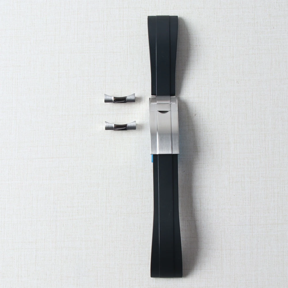 20mm Rubber Watch Band For Yacht-Master Seiko Daytona Submariner Curved End Strap With Endlink Buckle Black Silicone Bracelet