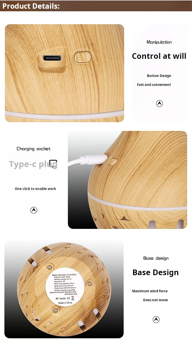 Mini Snow Mountain Hollow out Wood Grain Aromatherapy Humidifier USB Silent Air Moisturizer