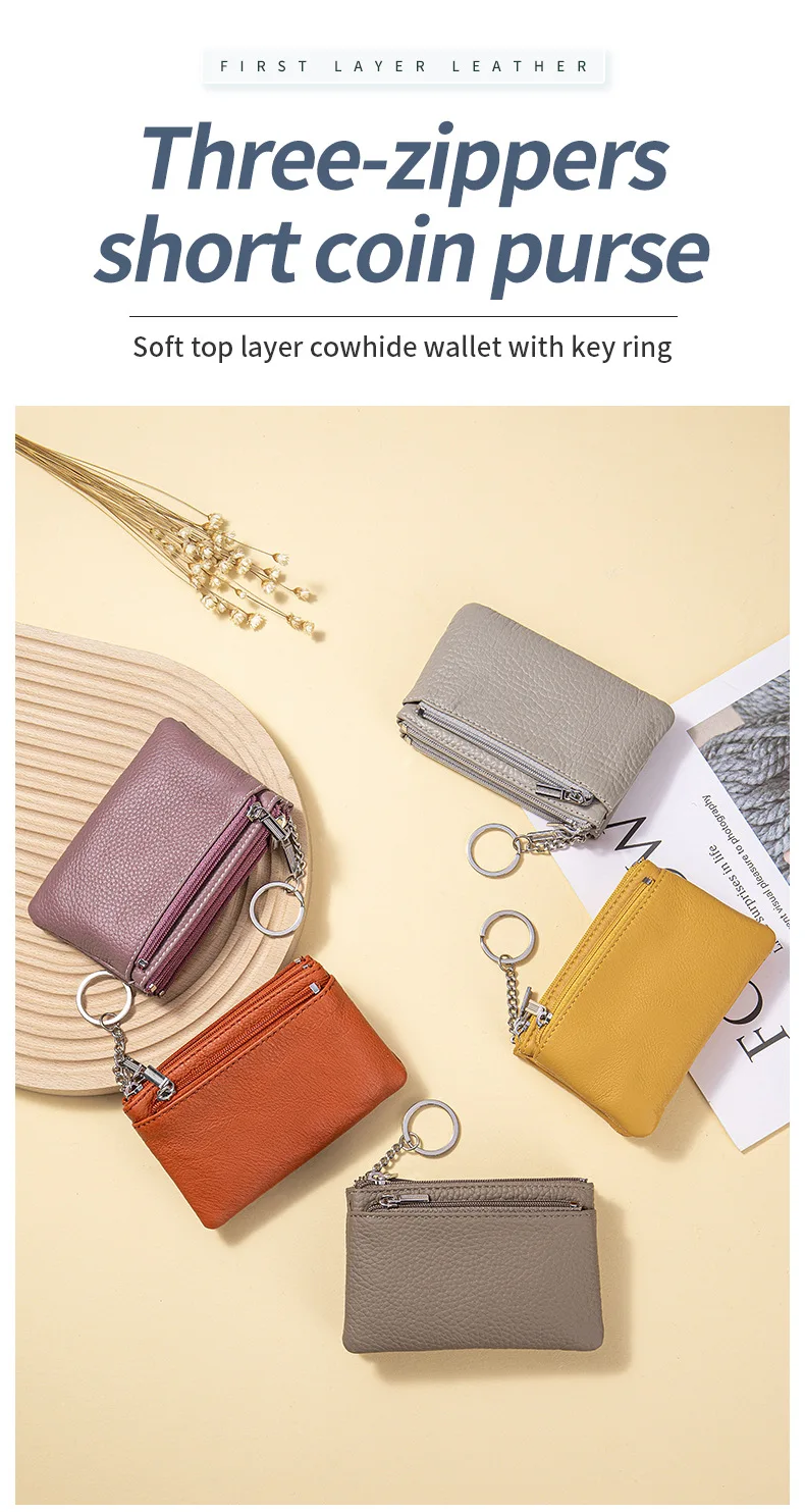 New Women's Wallets Soft Genuine Leather Zipper Purses Large Capacity Money Bag Portable Storage Bag With Keychain Coin Holders