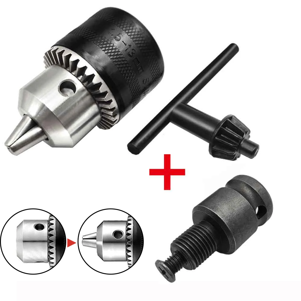 1.5-13mm Drill Chuck,1/2-20UNF Mount Impact Driver Bits Chuck Conversion Hex Shank/SDS-Plus Socket Square Adapter with Chuck Key