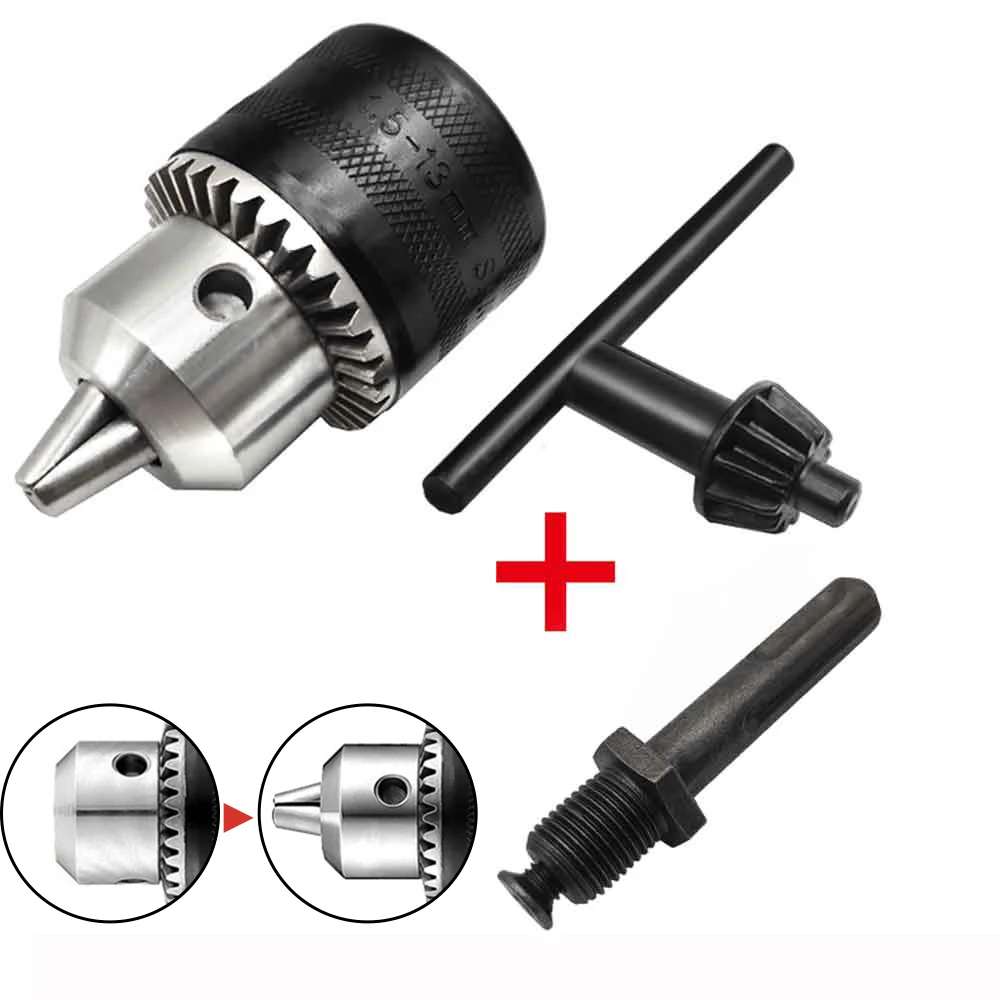 1.5-13mm Drill Chuck,1/2-20UNF Mount Impact Driver Bits Chuck Conversion Hex Shank/SDS-Plus Socket Square Adapter with Chuck Key