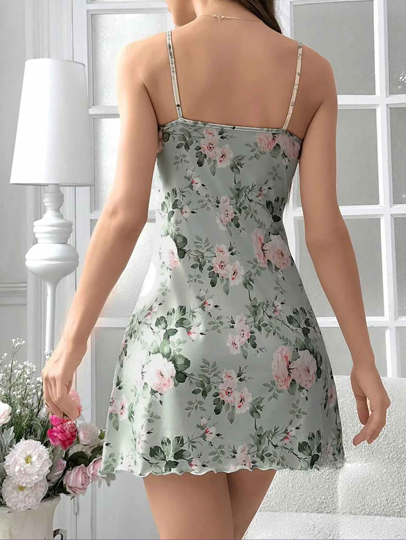 Summer Sleepwear Women' Green Floral Print Nightdress Vintage Sleeveless Slip Sleep Dress Breathable Nightgown Fashion Home Wear