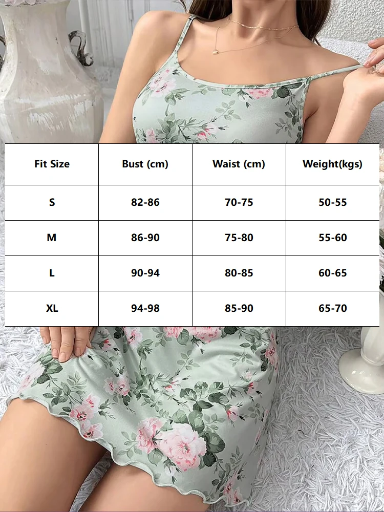 Summer Sleepwear Women' Green Floral Print Nightdress Vintage Sleeveless Slip Sleep Dress Breathable Nightgown Fashion Home Wear