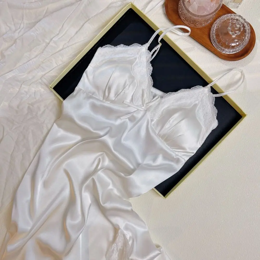 Homewear Lace Bow Women's Pajama Dress Sleeveless Thin Ice Silk Suspender Nightdress Split Party Dress Slim Sling Nightgown Home