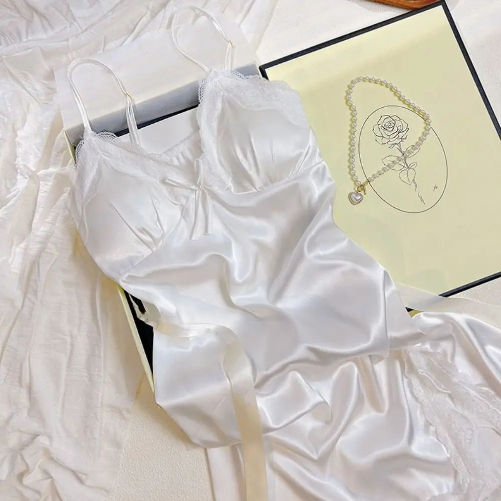 Homewear Lace Bow Women's Pajama Dress Sleeveless Thin Ice Silk Suspender Nightdress Split Party Dress Slim Sling Nightgown Home