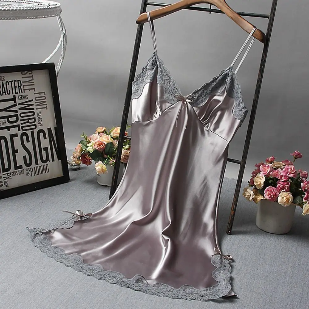 Cute Lace Camisola Patchwork Women's Nightgowns Silk Dress Bowknots Lingerie Nighty Women
