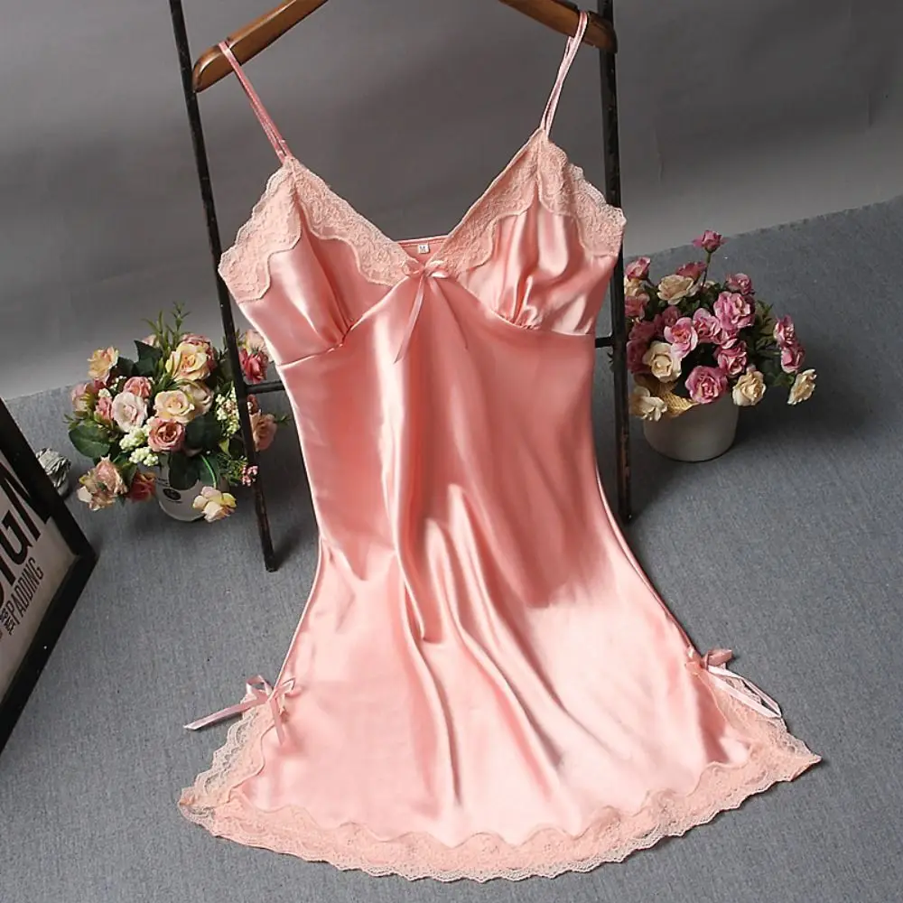 Cute Lace Camisola Patchwork Women's Nightgowns Silk Dress Bowknots Lingerie Nighty Women