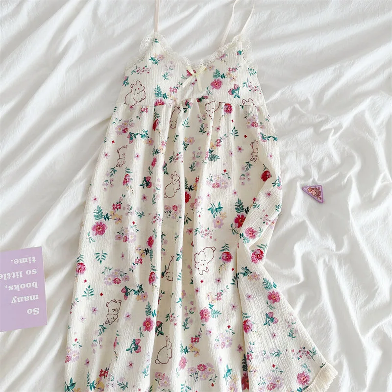 With Chest Cushion Halter Nightgown Female Summer Floral Breathable Thin Section of the Princess Style Loose Knee-Length Pajamas