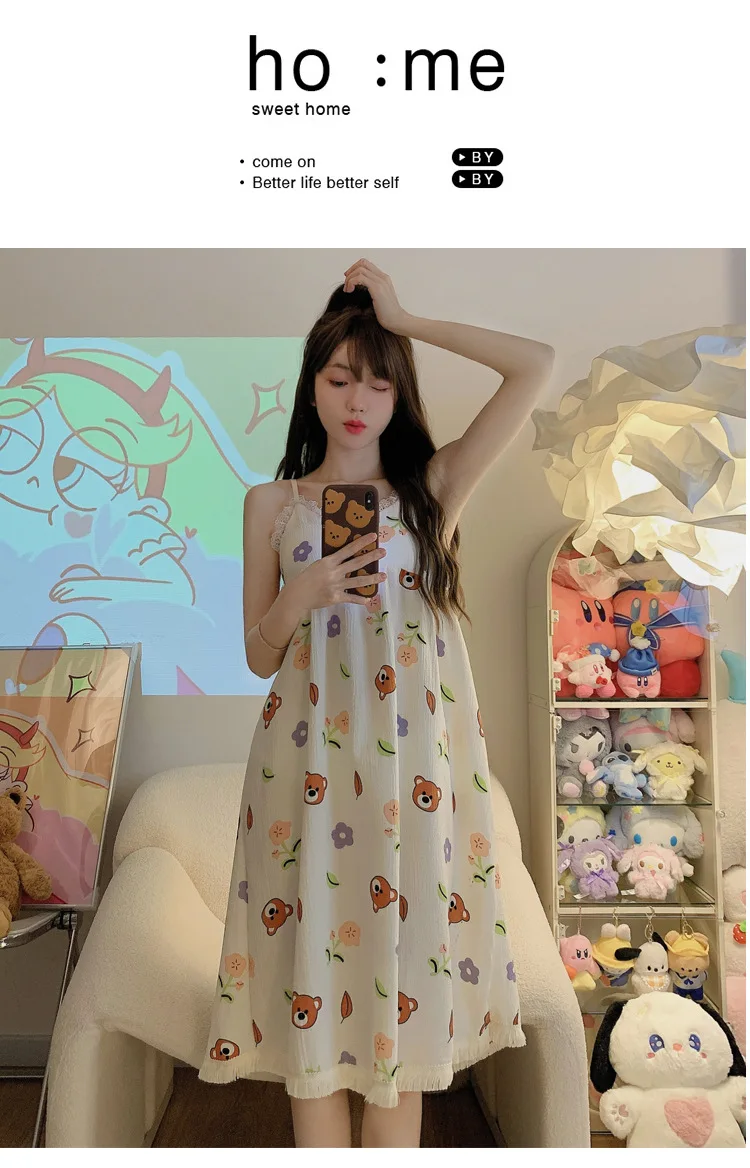 With Chest Cushion Halter Nightgown Female Summer Floral Breathable Thin Section of the Princess Style Loose Knee-Length Pajamas