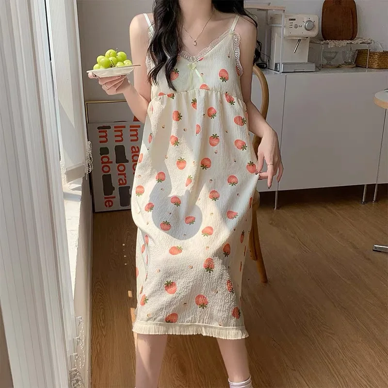 With Chest Cushion Halter Nightgown Female Summer Floral Breathable Thin Section of the Princess Style Loose Knee-Length Pajamas
