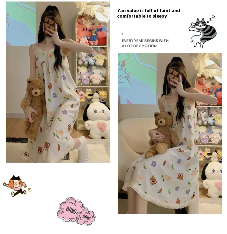 With Chest Cushion Halter Nightgown Female Summer Floral Breathable Thin Section of the Princess Style Loose Knee-Length Pajamas