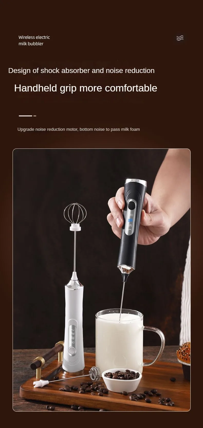 1 Electric Milk Frother, Dual Stick Rechargeable 3-Speed Handheld Egg Beater, Coffee Frother, Cream Blender, Travel Blender
