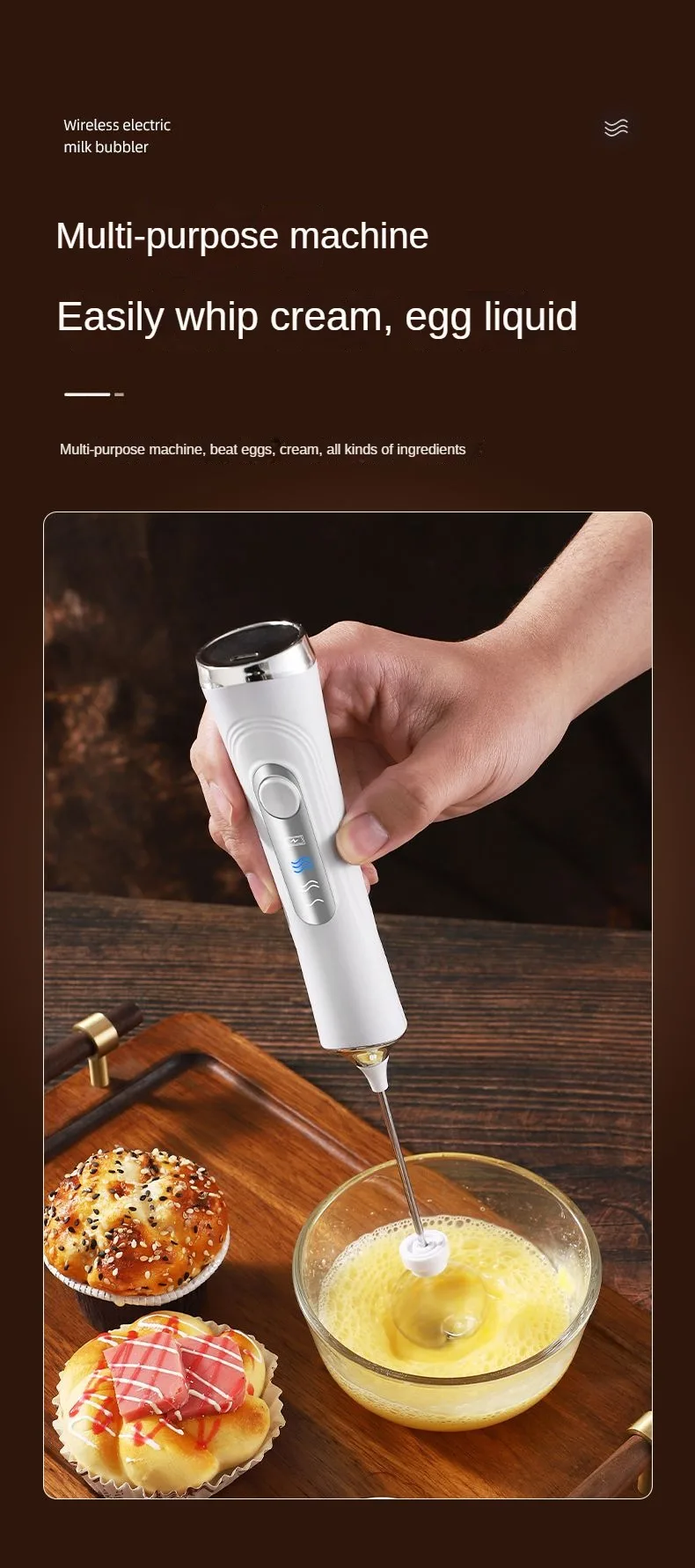 1 Electric Milk Frother, Dual Stick Rechargeable 3-Speed Handheld Egg Beater, Coffee Frother, Cream Blender, Travel Blender