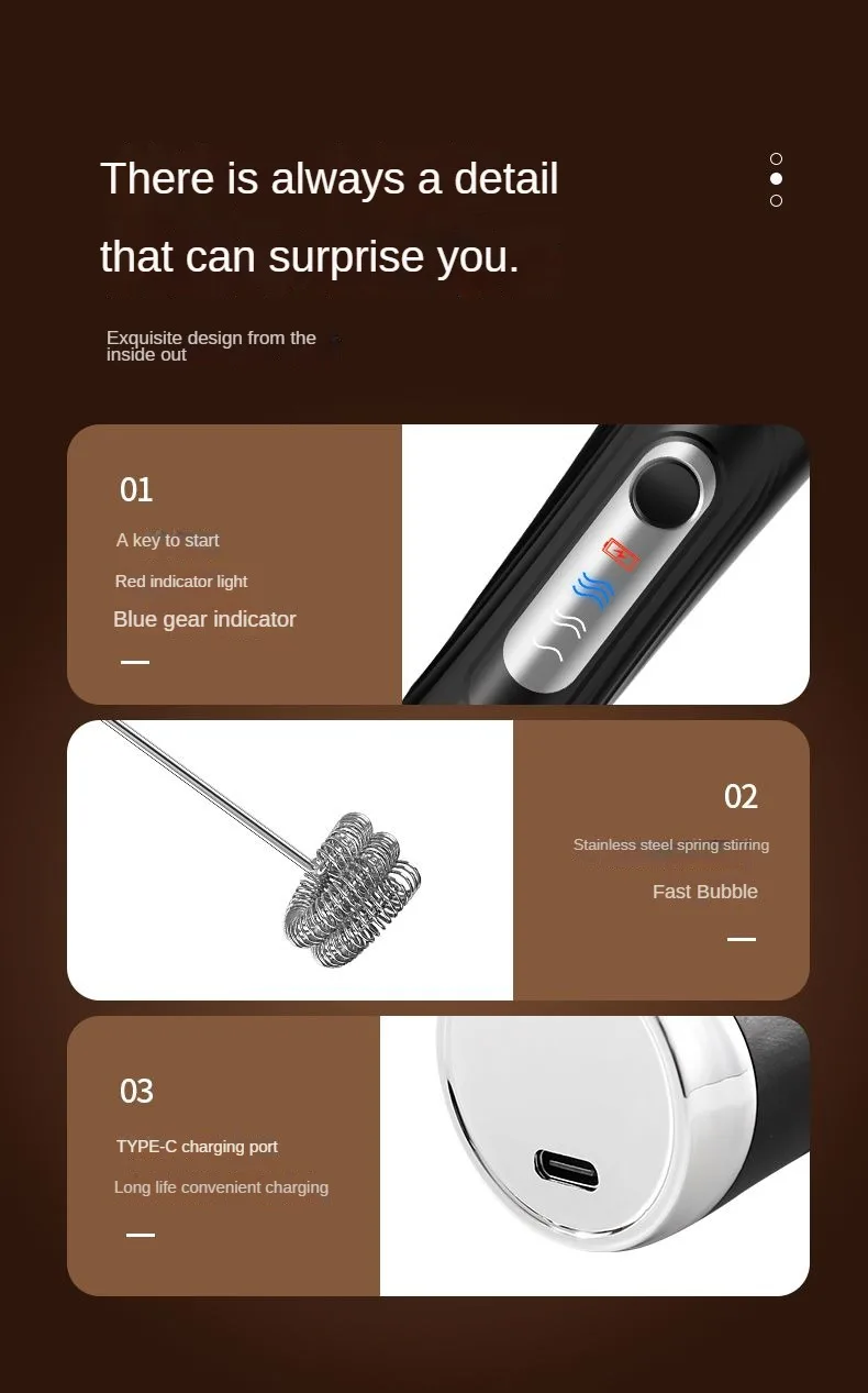 1 Electric Milk Frother, Dual Stick Rechargeable 3-Speed Handheld Egg Beater, Coffee Frother, Cream Blender, Travel Blender
