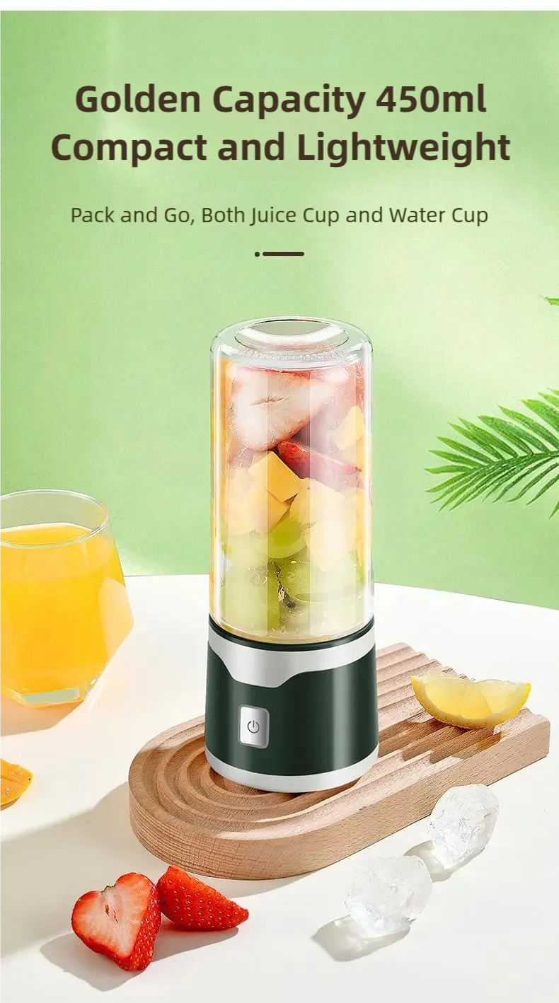 TINSOL Portable Electric Blender 450ml USB Rechargeable Juicer Blender Suitable for Milkshakes, Juice, and Small Food Processing