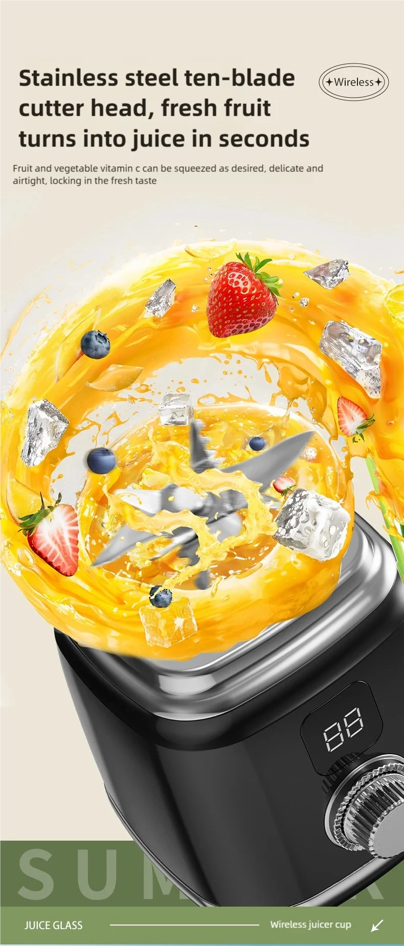 TINSOL New Household Multi-functional Blender with 3000mAh Large-capacity Battery, Ten Blades Extractor Kitchen Utensils