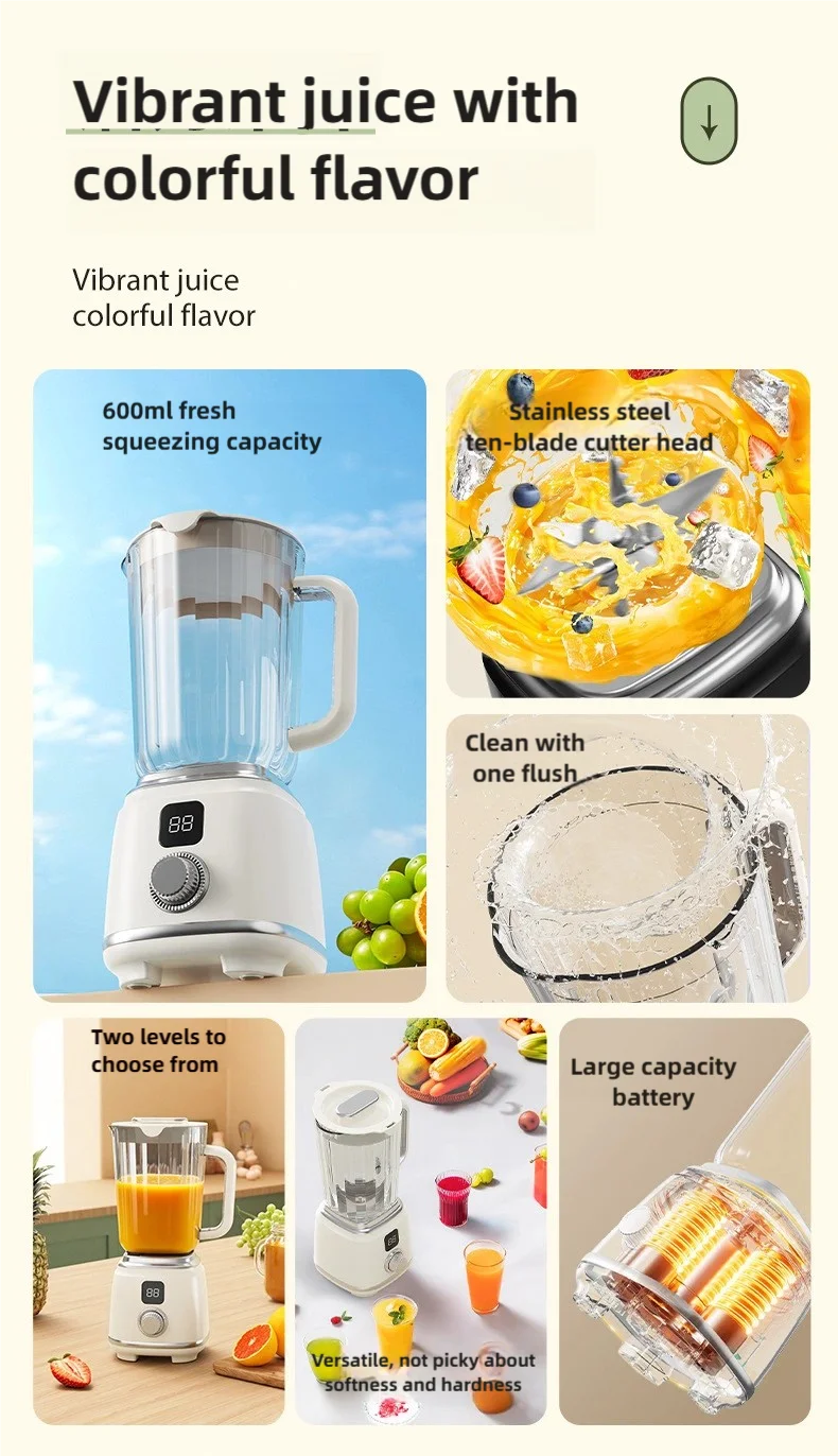 TINSOL New Household Multi-functional Blender with 3000mAh Large-capacity Battery, Ten Blades Extractor Kitchen Utensils