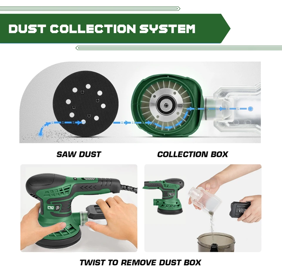 400W Electric Sander Machine 230V with 7-Speed Transmission 125mm Sanding Pad Dust Collector And 21pcs Sandpapers PROSTORMER