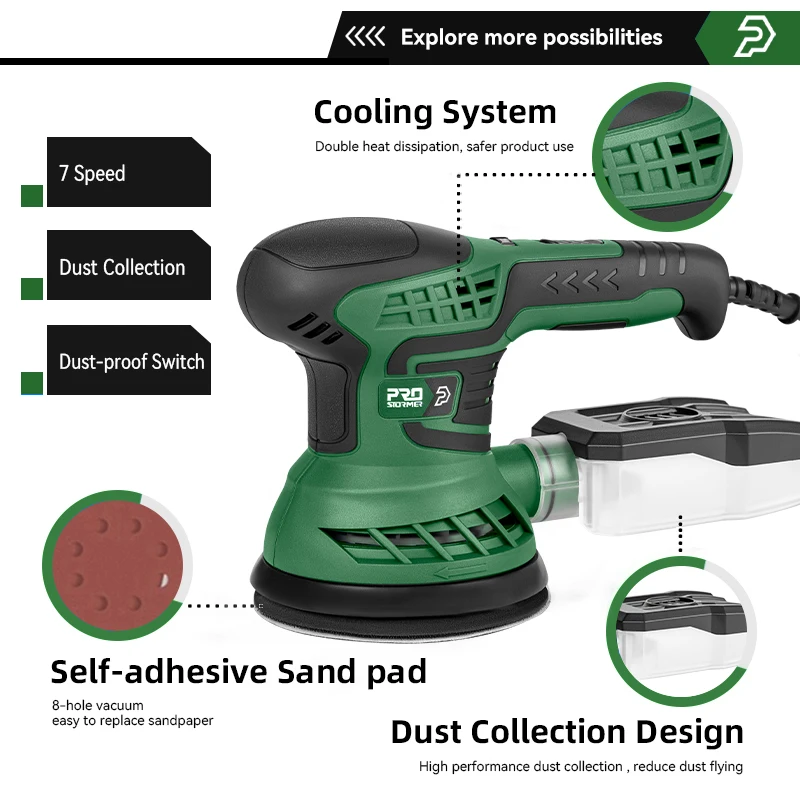 400W Electric Sander Machine 230V with 7-Speed Transmission 125mm Sanding Pad Dust Collector And 21pcs Sandpapers PROSTORMER