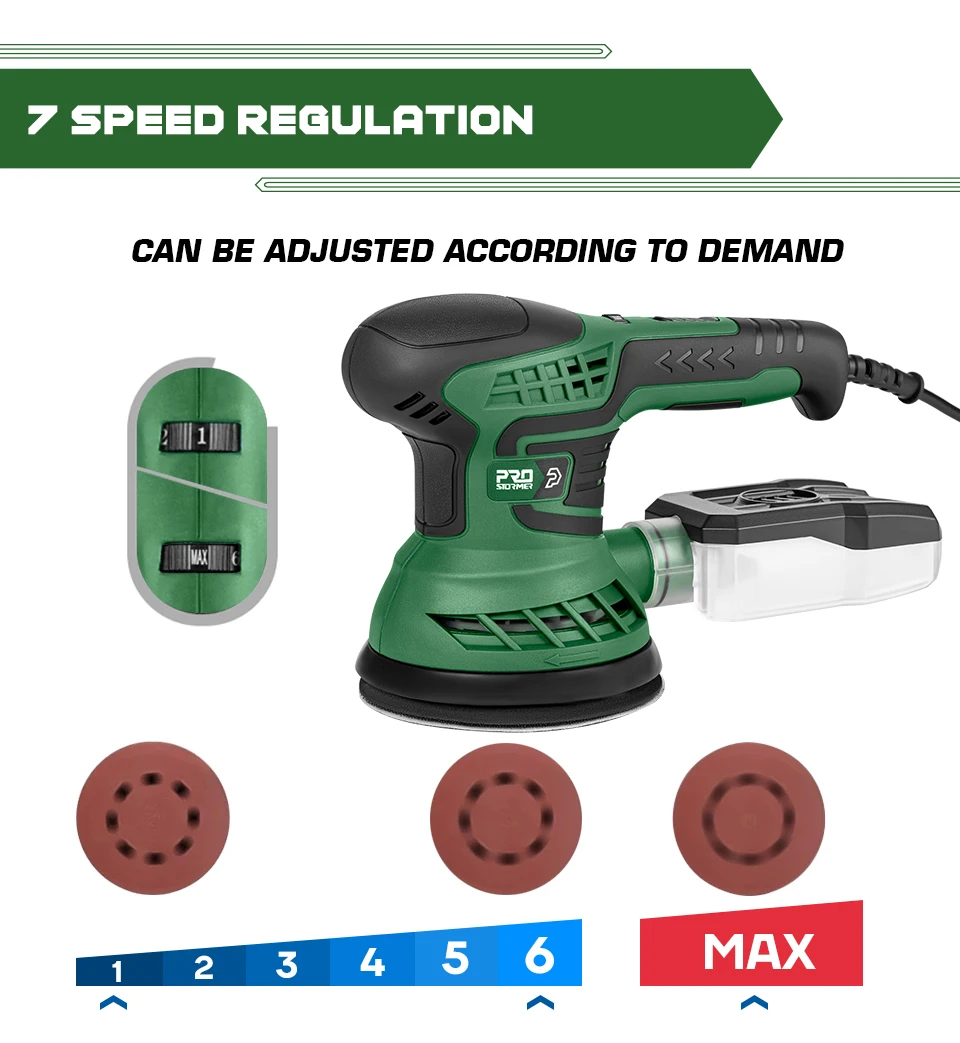 400W Electric Sander Machine 230V with 7-Speed Transmission 125mm Sanding Pad Dust Collector And 21pcs Sandpapers PROSTORMER