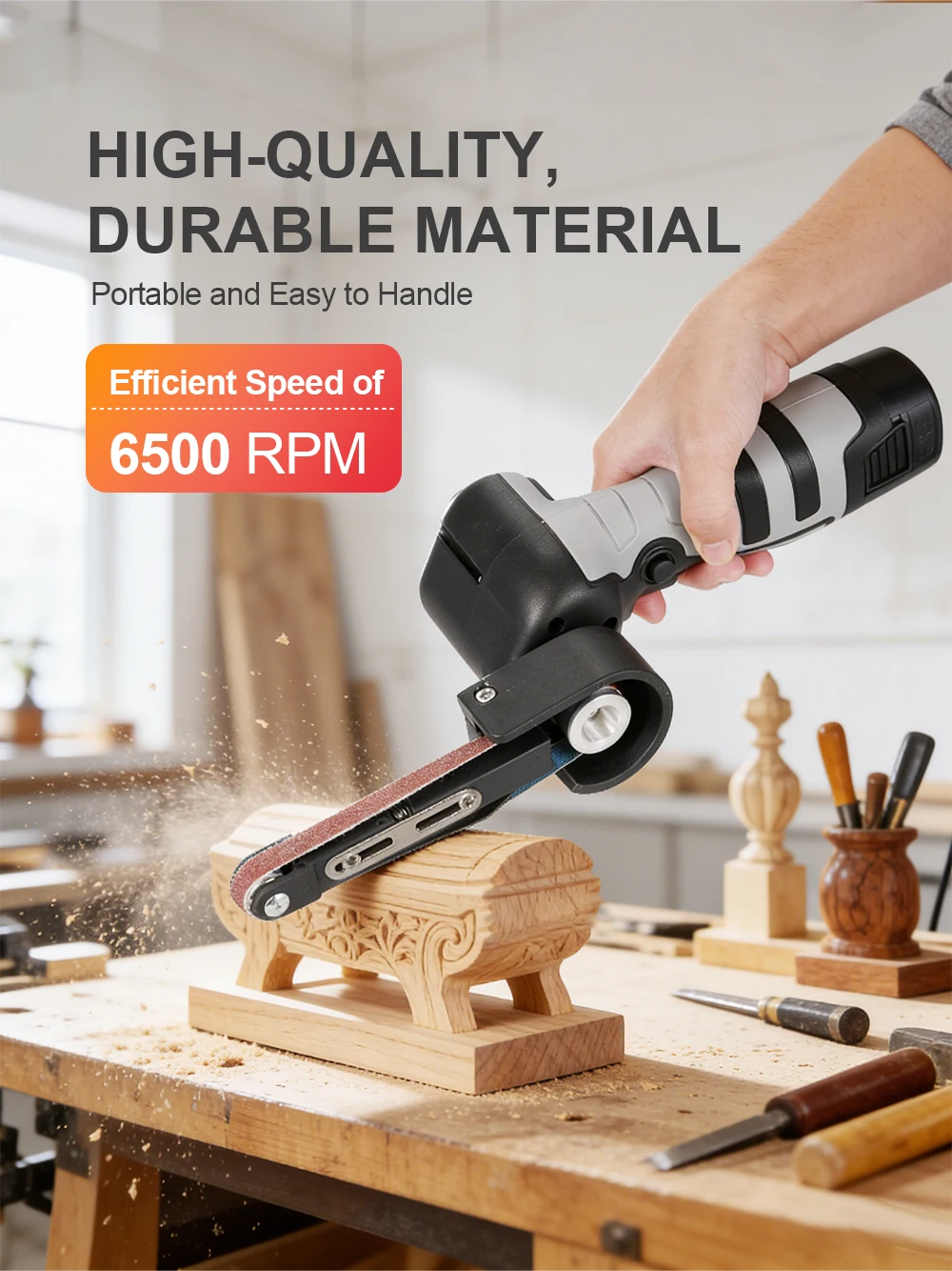 Cordless Belt Sander 180° Adjustable Grinding Head 6500RPM Portable Polishing Machine 10*355mm Sanding Belt For Wood Metal
